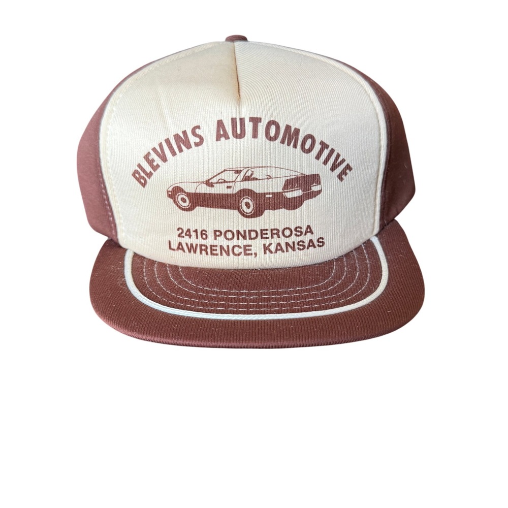 Vintage Blevins Automotive Lawrence Kansas Trucker Hat Brown Cream Snapback Cap